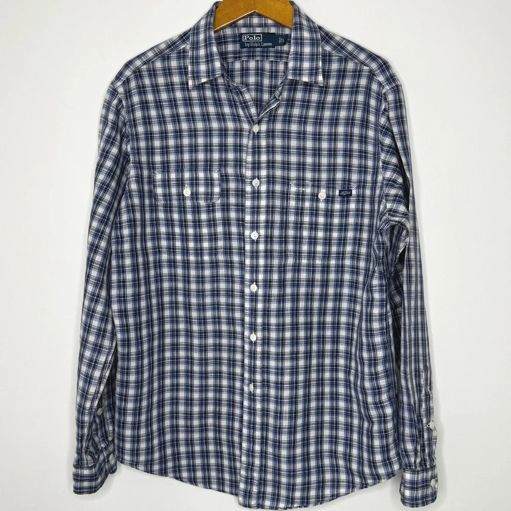 Polo Ralph Lauren Button front plaid linen/cotton shirt blue‎ Large